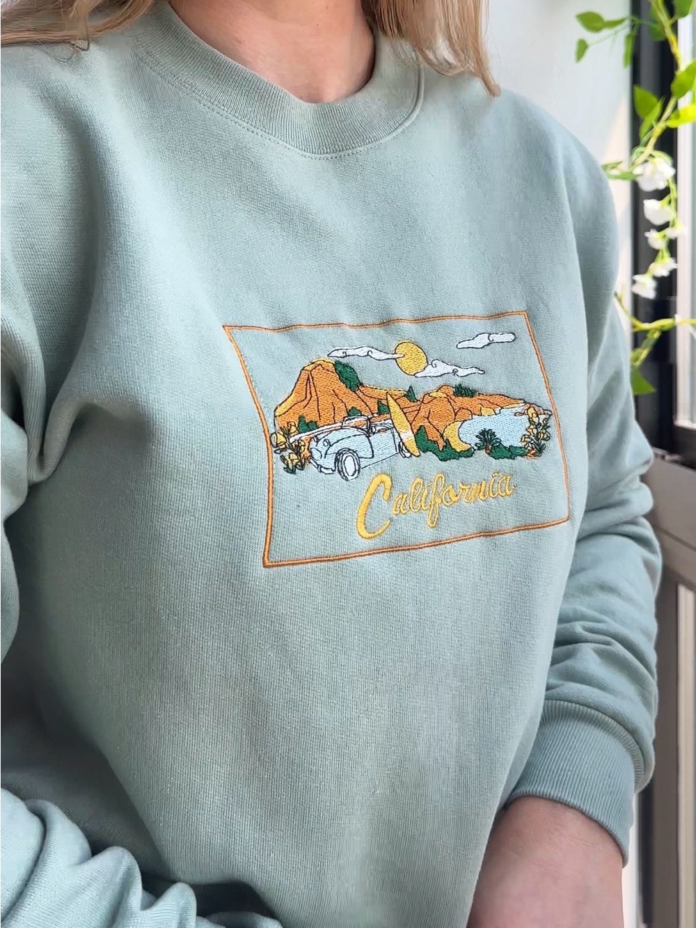 NWT Artisan Designed California Embroidered Graphic Crewneck Sage Green Sweater